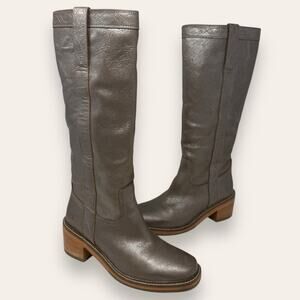 FRYE Kate Pull On Leather Stacked Heel Riding Boot Shiny Silver Gray 8.5 Women’s